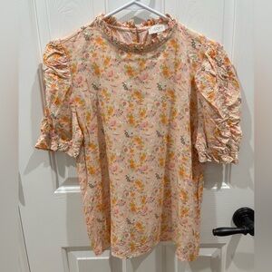 LOFT Peach-Pink Floral Puff Sleeve Blouse